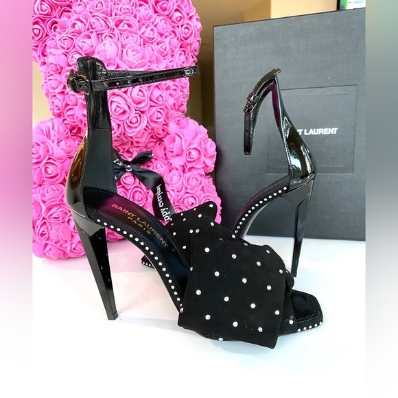 SAINT LAURENT FREJA BLACK SUEDE BOW CRYSTAL STRASS OPEN TOE SANDAL SHOES - Picture 6 of 9
